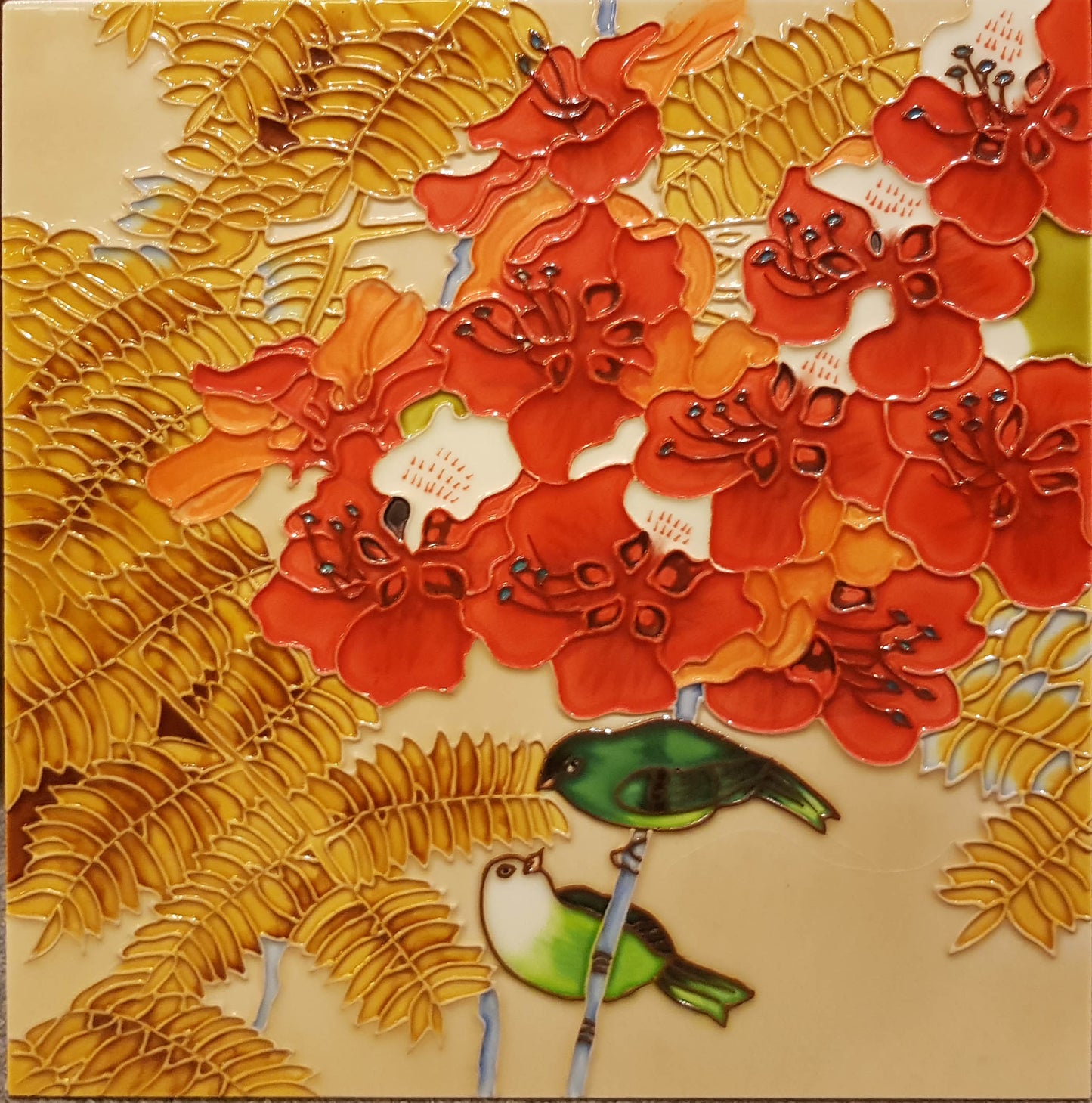 3504 Flying Bird - Red Flower 30cm x 30cm Pureland Ceramic Tile