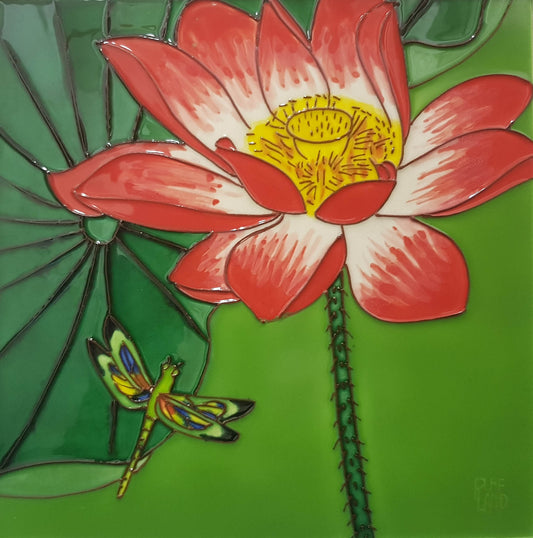 2161 Lotus Flower with Dragonfly Bottom Left 20cm x 20cm Pureland Ceramic Tile