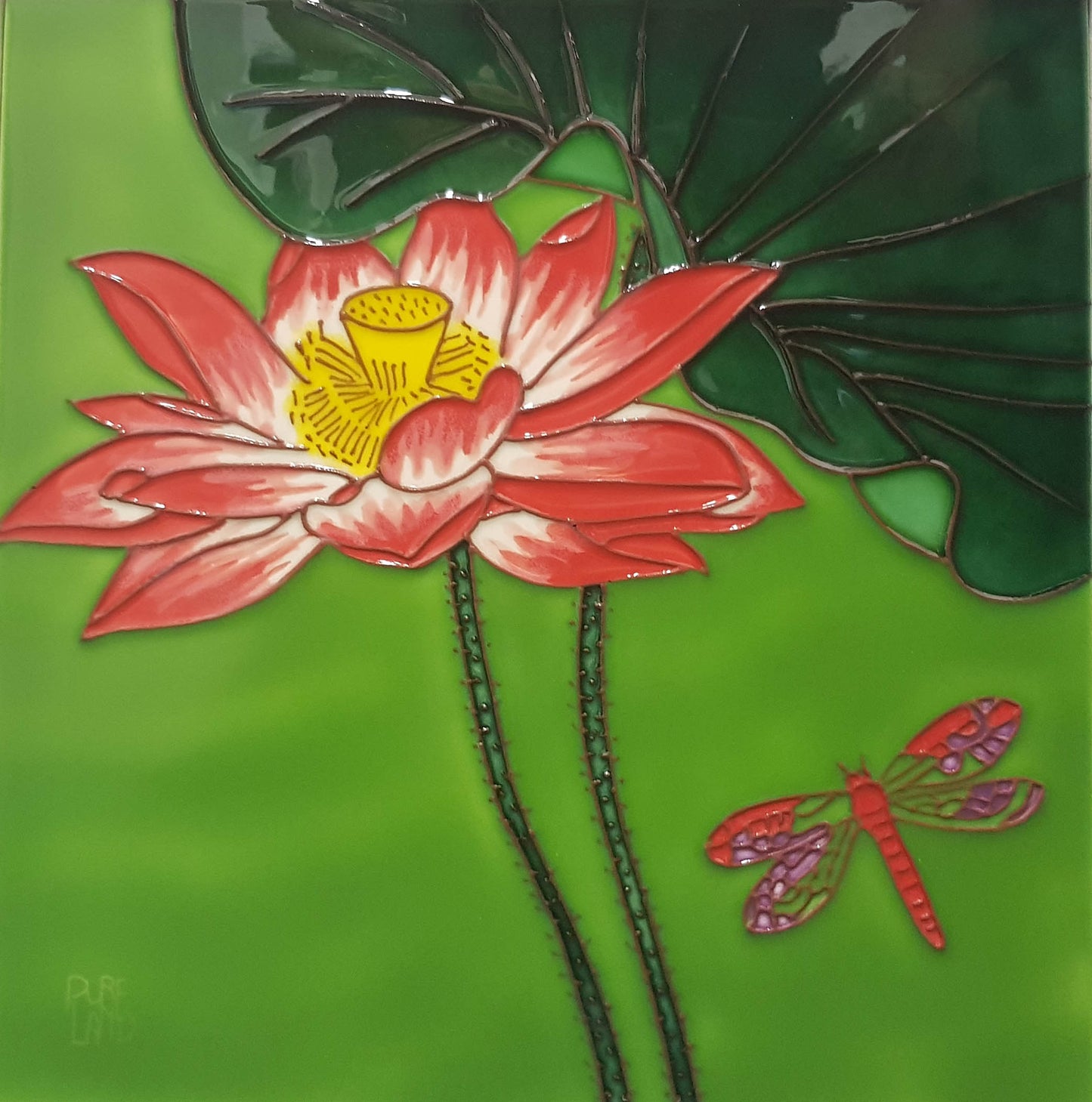 3522 Lotus Flower with Dragonfly Bottom Right 30cm x 30cm Pureland Ceramic Tile