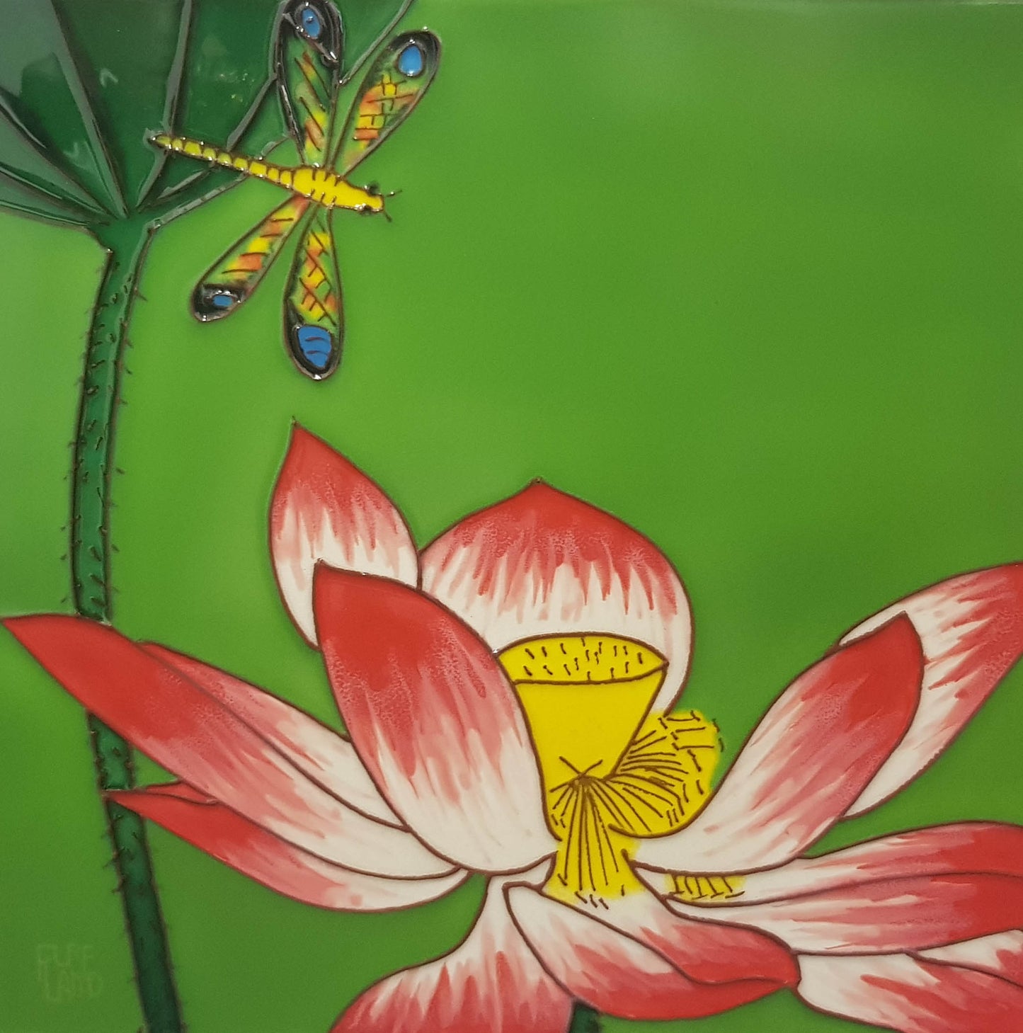 2163 Lotus Flower with Dragonfly Top Left 20cm x 20cm Pureland Ceramic Tile