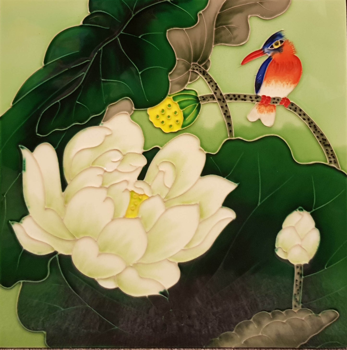 3526 Lotus Flower with Red Bird Green Background 30cm x 30cm Pureland Ceramic Tile