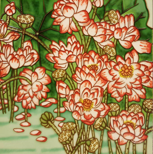 3535 Lotus Pond with Red Lotus 30cm x 30cm Pureland Ceramic Tile