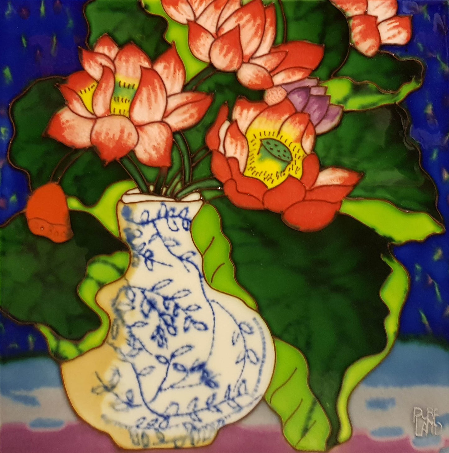 3552 Blue Vase with Lotus Flowers 30cm x 30cm Pureland Ceramic Tile