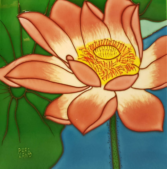 3568 Lotus Flower - Right with Blue Background  30cm x 30cm Pureland Ceramic Tile