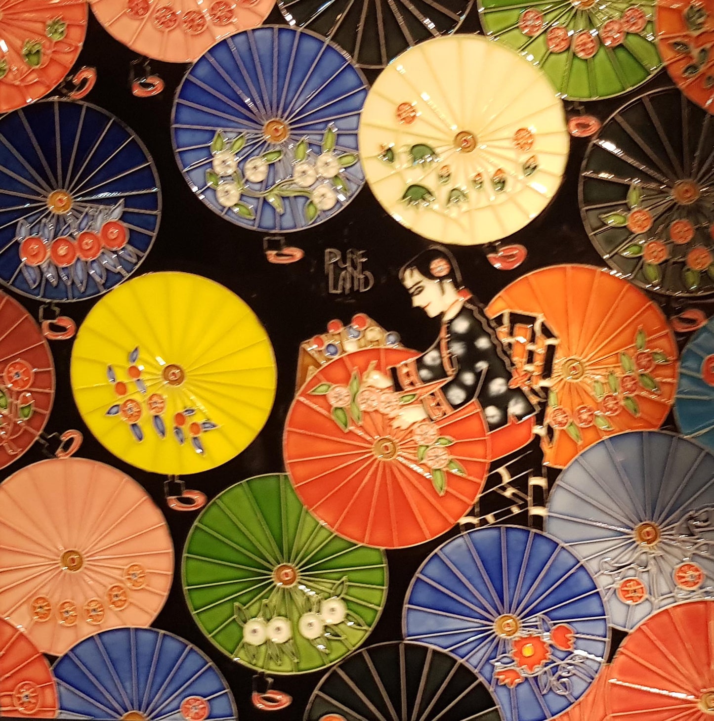 3832 Embroidered Umbrellas 30cm x 30cm Pureland Ceramic Tile