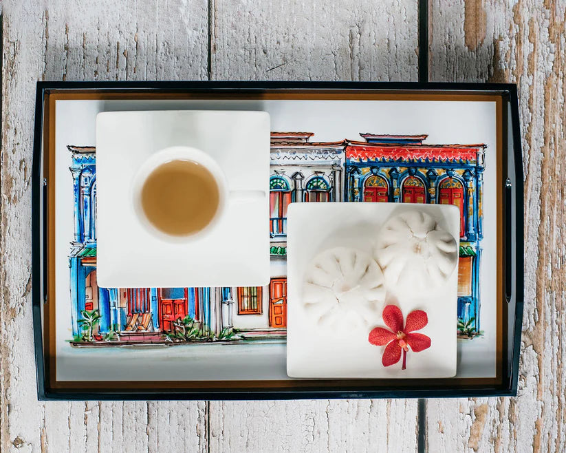 Singapore Themed Lacquer Trays - Blue Emerald Hill