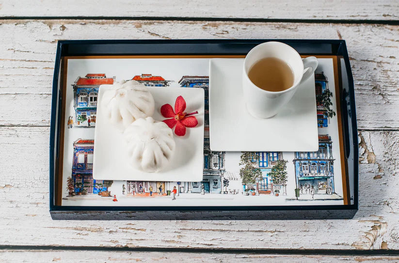 Singapore Themed Lacquer Trays - Blue Shophouses
