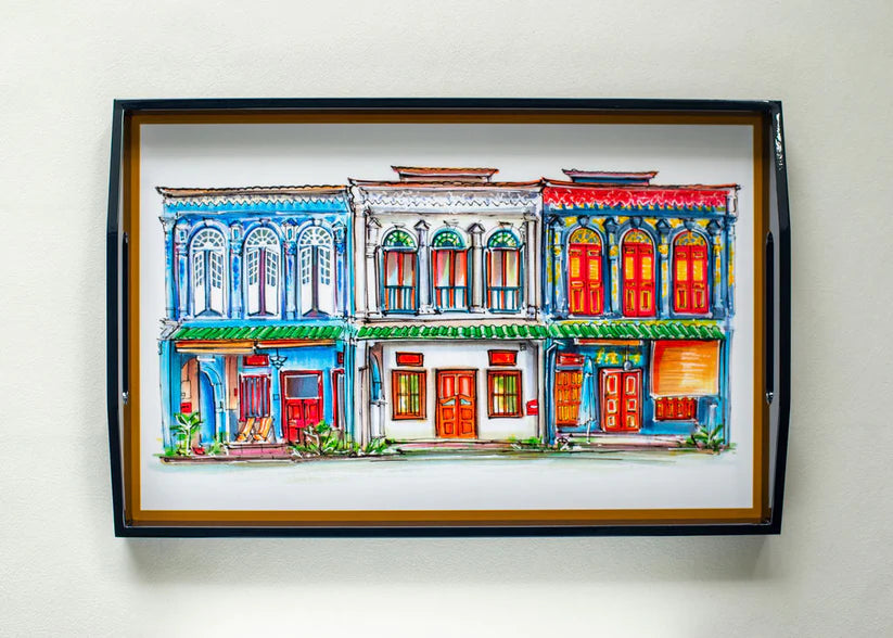 Singapore Themed Lacquer Trays - Blue Emerald Hill