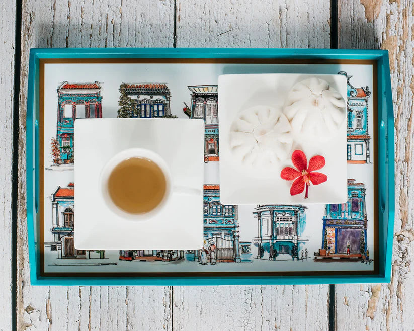 Singapore Themed Lacquer Trays - Turquoise Shophouses