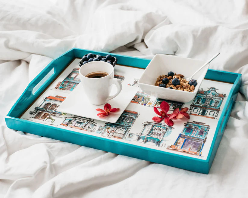 Singapore Themed Lacquer Trays - Turquoise Shophouses