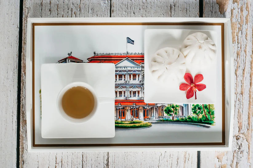 Singapore Themed Lacquer Trays - White Raffles Hotel