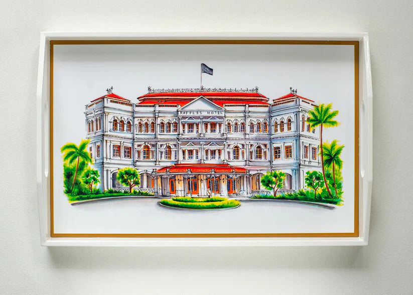 Singapore Themed Lacquer Trays - White Raffles Hotel