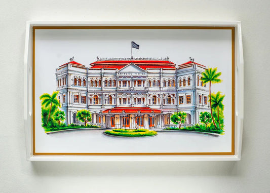 Singapore Themed Lacquer Trays - White Raffles Hotel